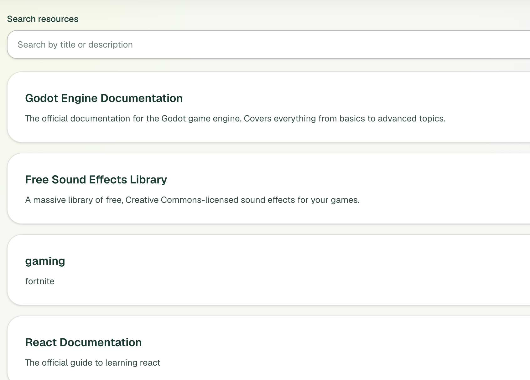 Resources panel with a searchable list of community-shared links